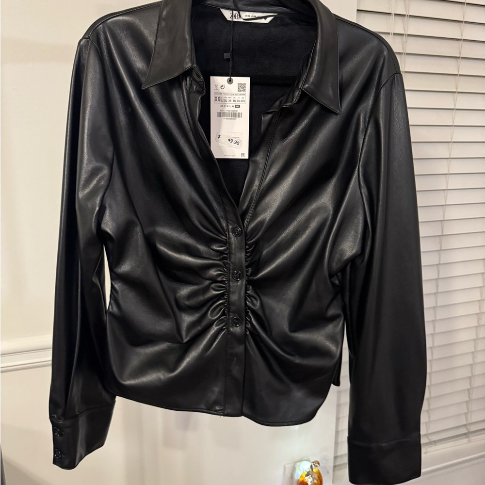 Zara Fitted Black Faux Leather Shirt